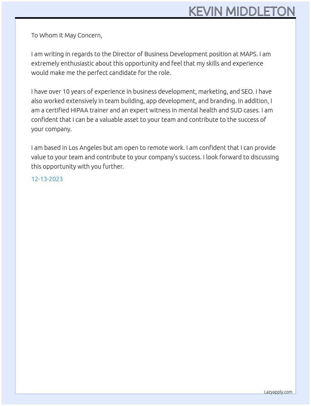 Director of Business Development At MAPS Cover Letter