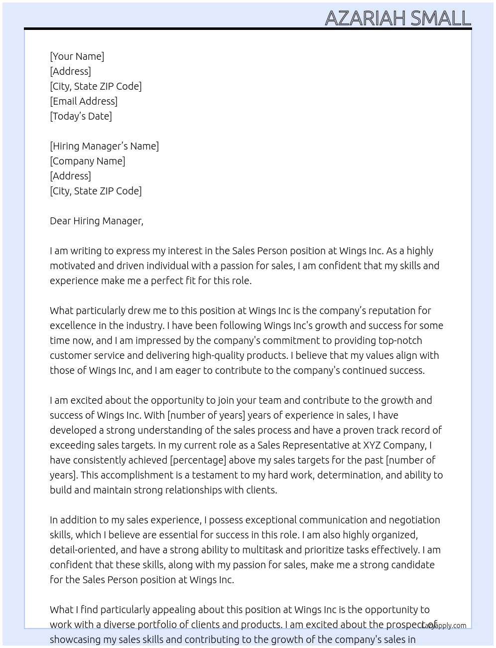 Sales Person At Wings Inc Cover Letter
