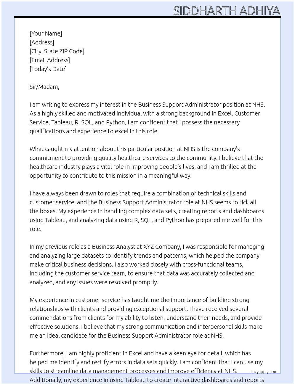 Business Support Administrator At NHS Cover Letter