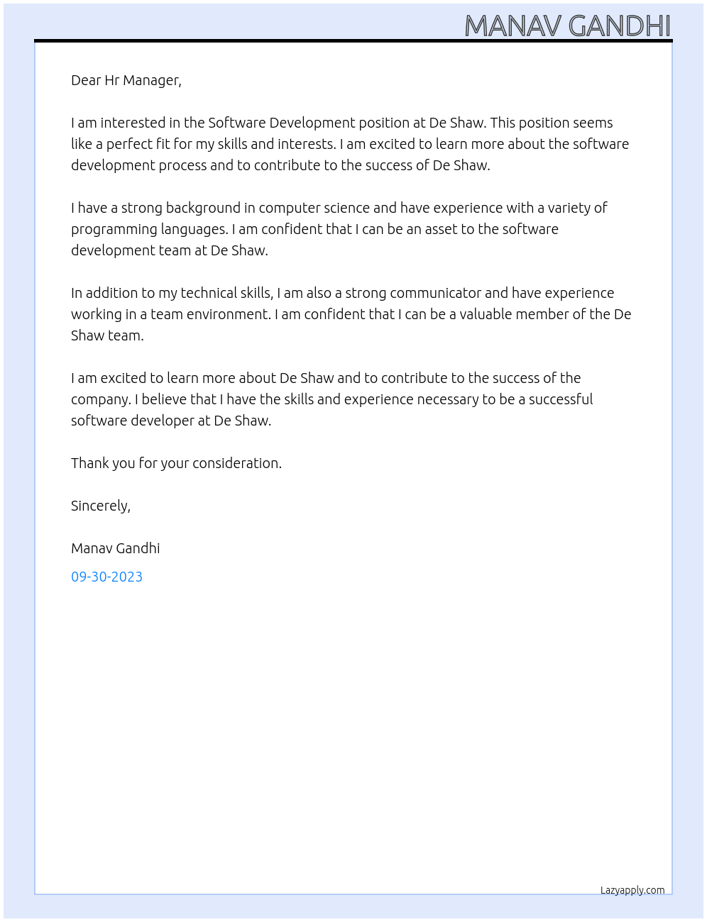 Software Development At De Shaw Cover Letter