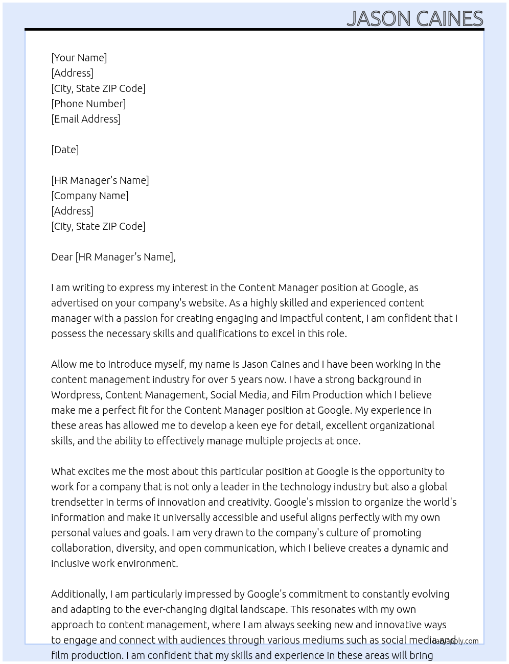 Content Manager At Google Cover Letter