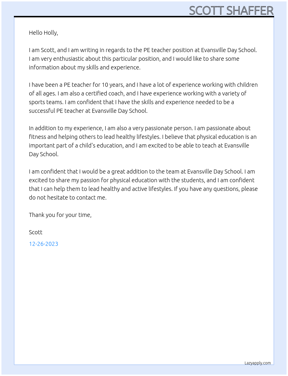 PE teacher At Evansville Day School Cover Letter