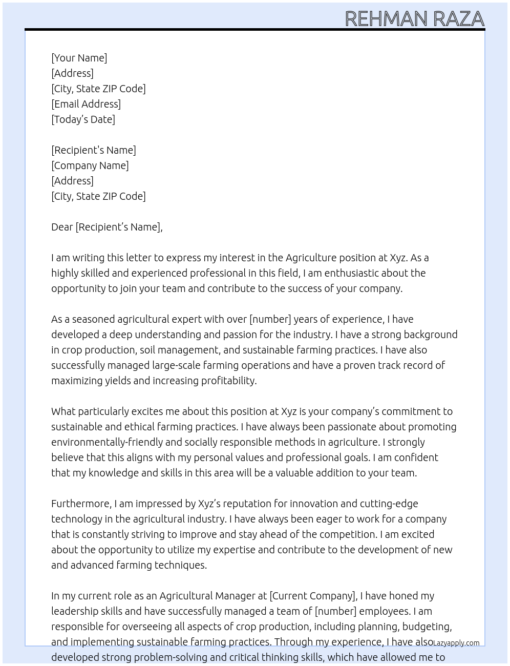 Agriculture At Xyz Cover Letter