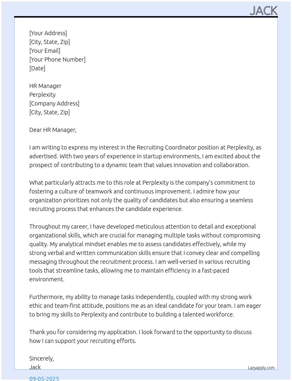 Cover letter for recruiting coordinator - LazyApply