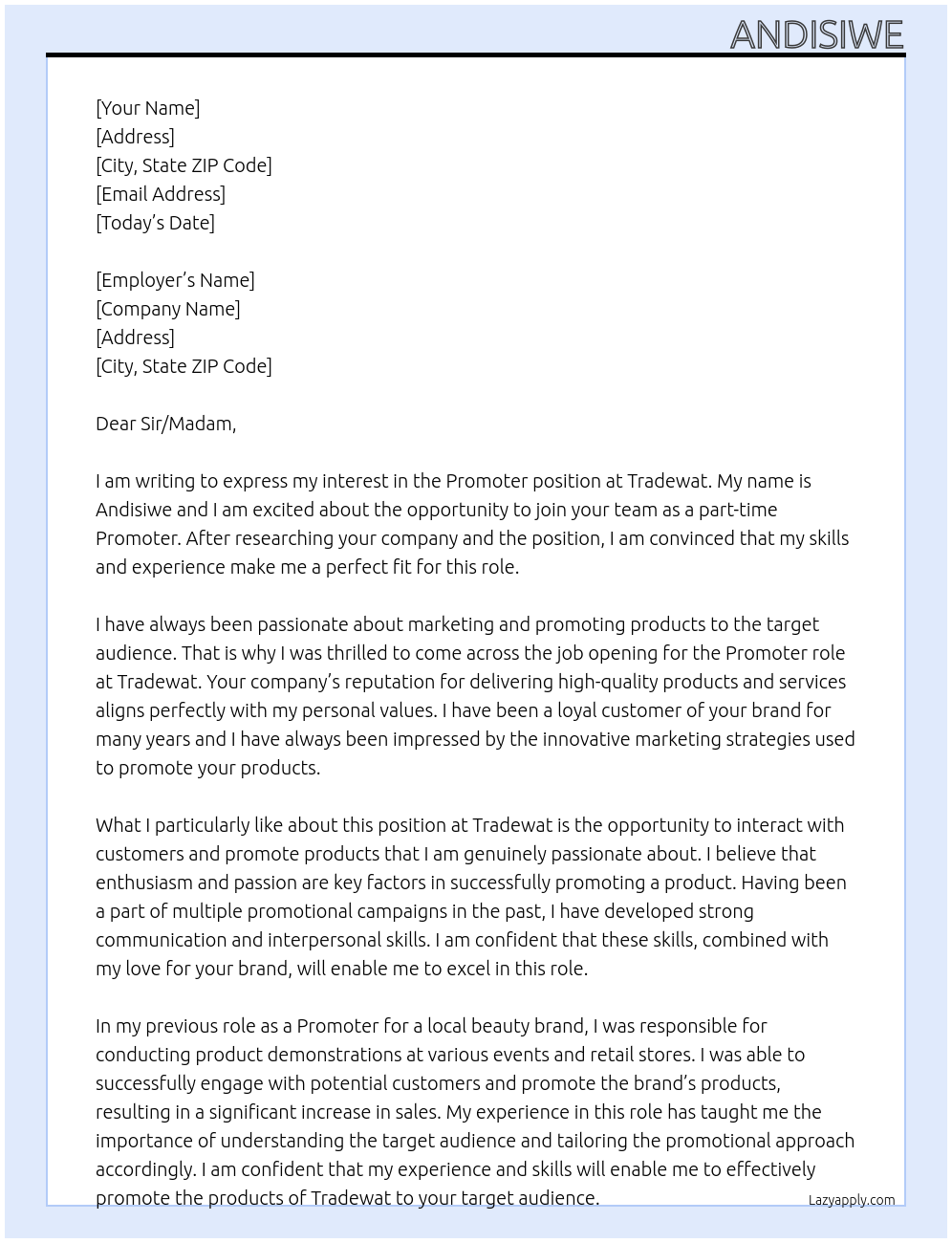 Promoter At Tradewat Cover Letter