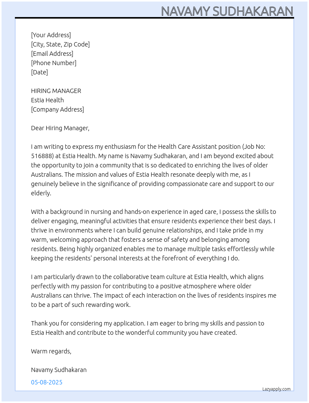 health care assistant At ESTIA HEALTH Cover Letter