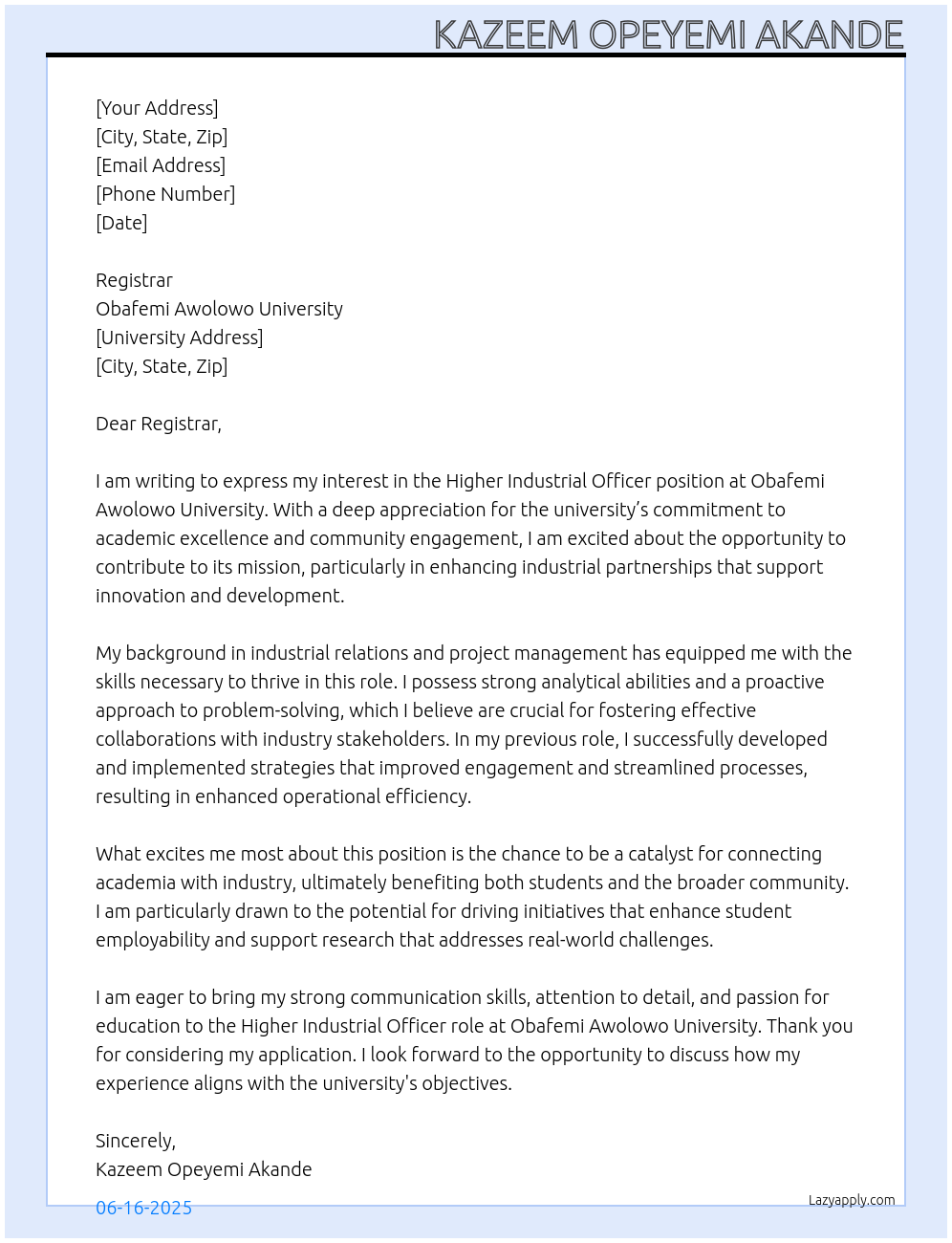 Higher Industrial Officer At Obafemi Awolowo University Cover Letter