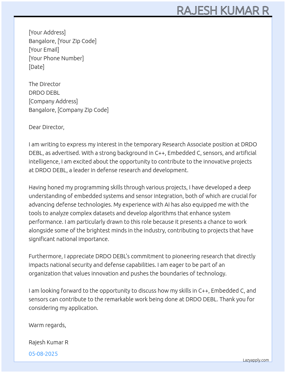 Research Associate At DRDO DEBL Cover Letter