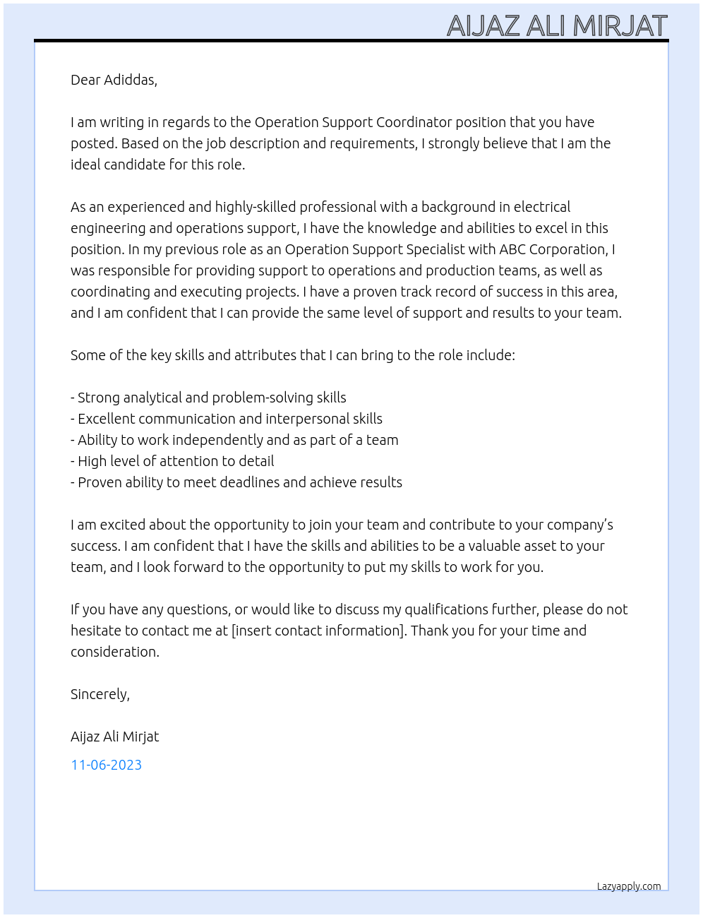 Operation Support Coordinator At Electrical Cover Letter