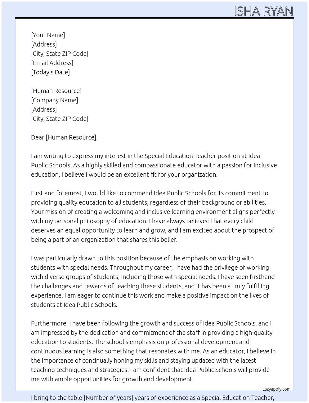 Special Education Teacher At Idea Public Schools Cover Letter