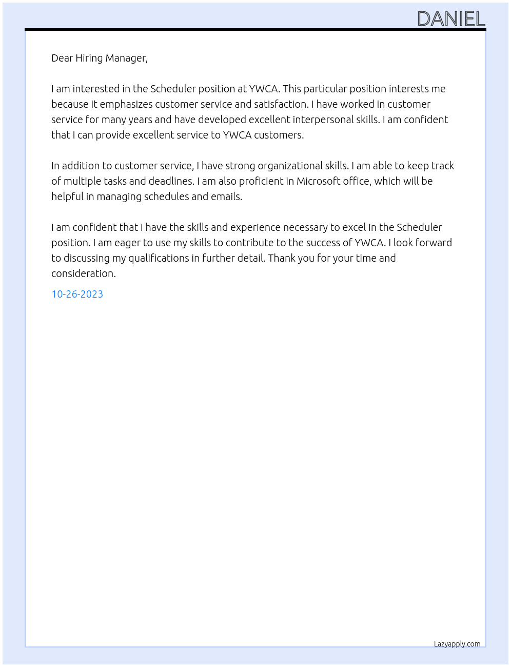 Scheduler At YWCA Cover Letter