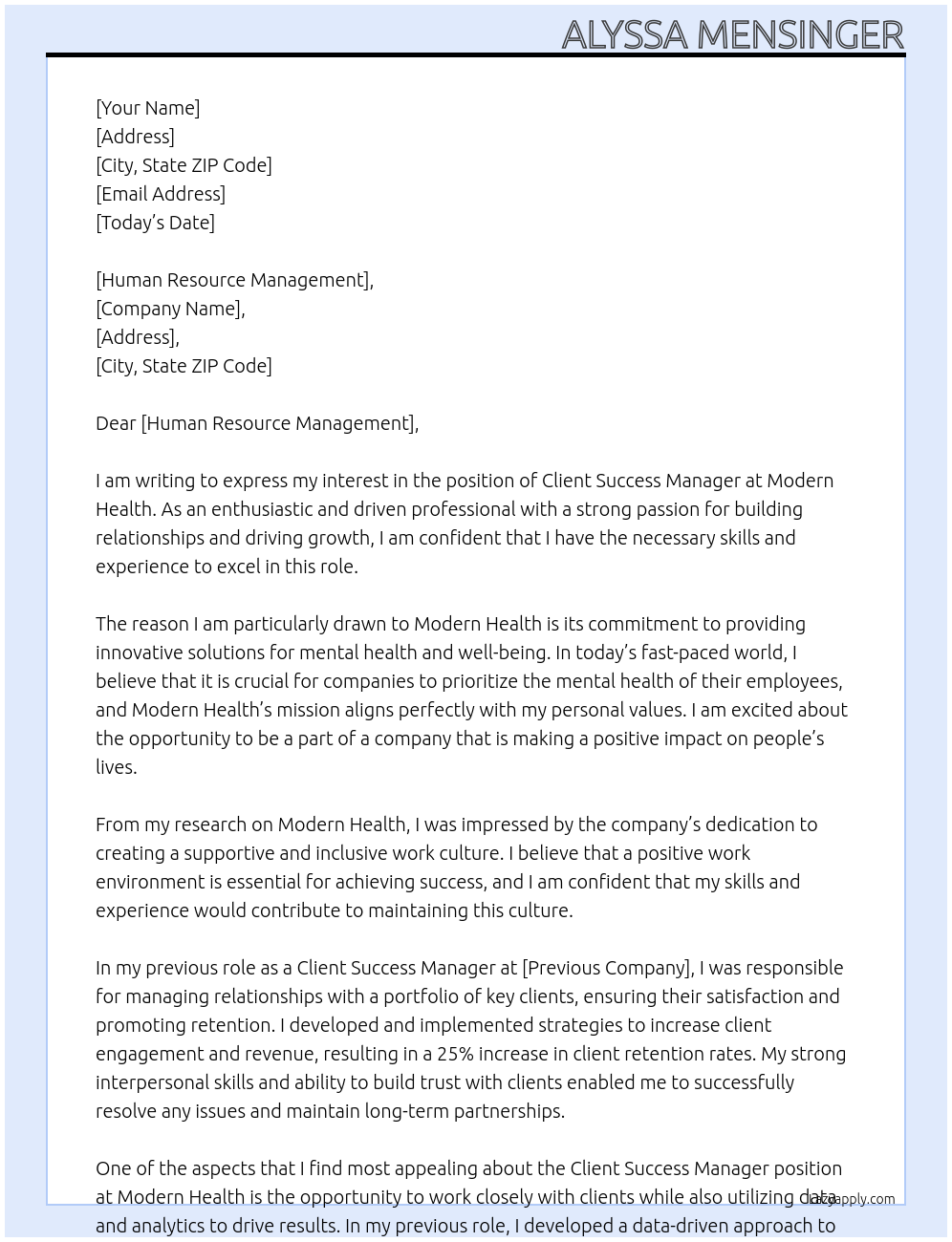Client Success Manager  At Modern Health Cover Letter