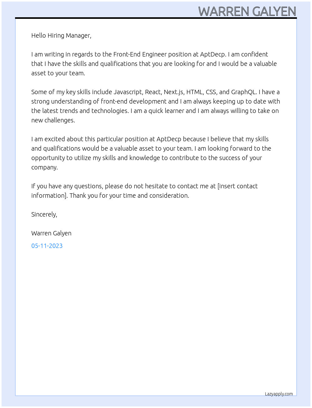 Front-End Engineer At AptDecp Cover Letter