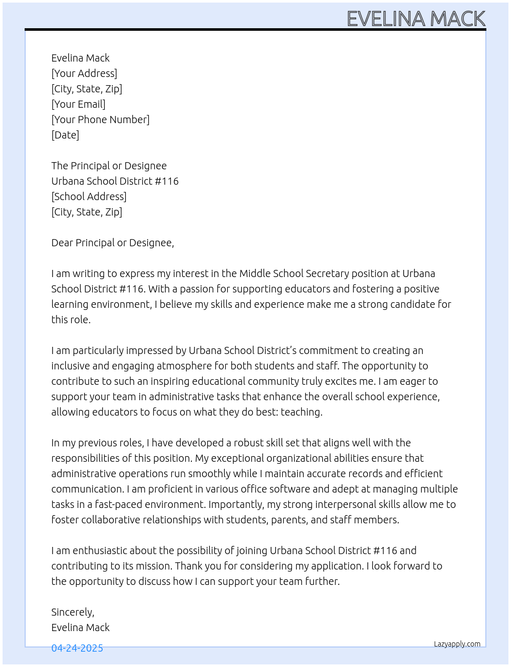 Cover letter for middle school secretary - LazyApply