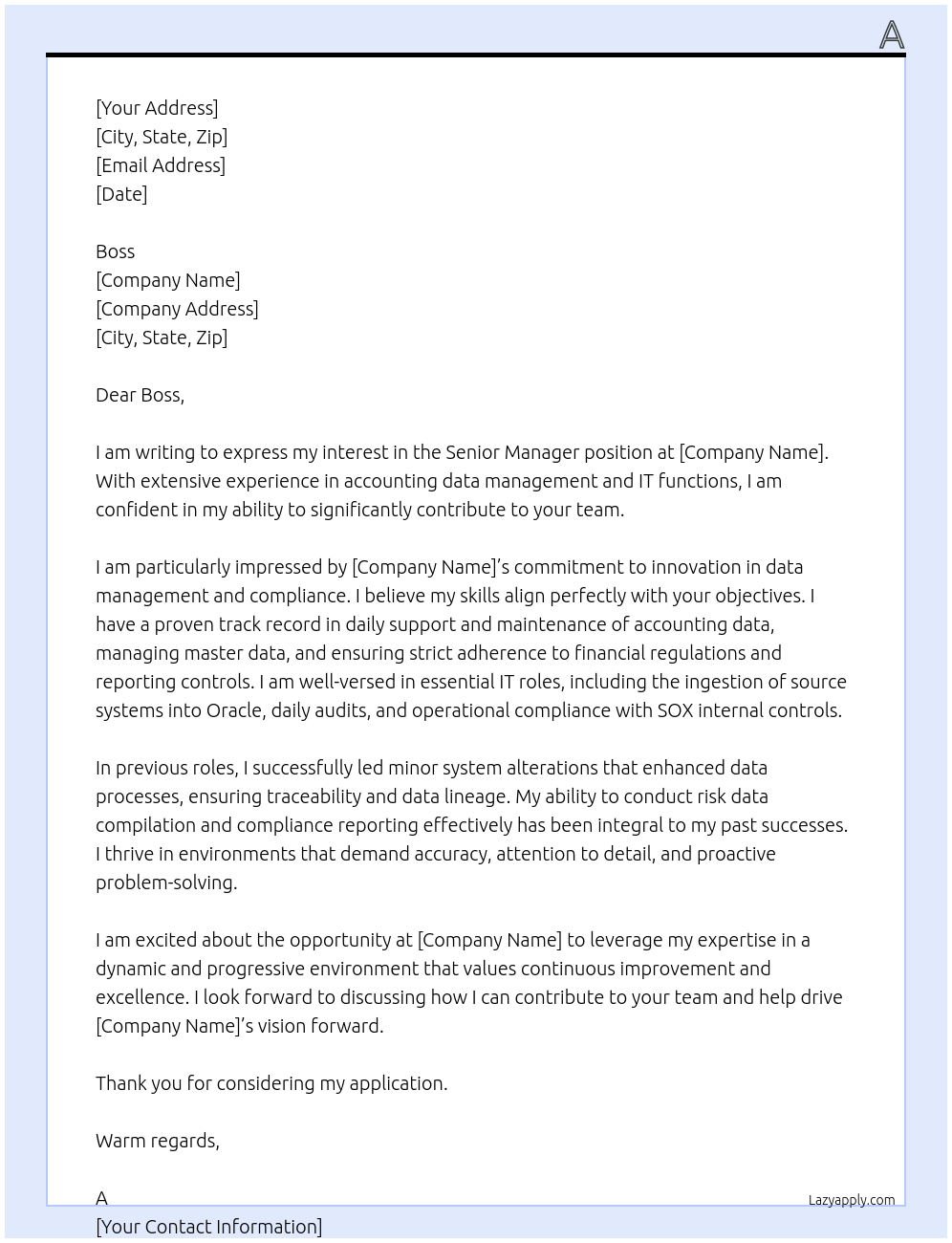 Senior Manager At add Cover Letter