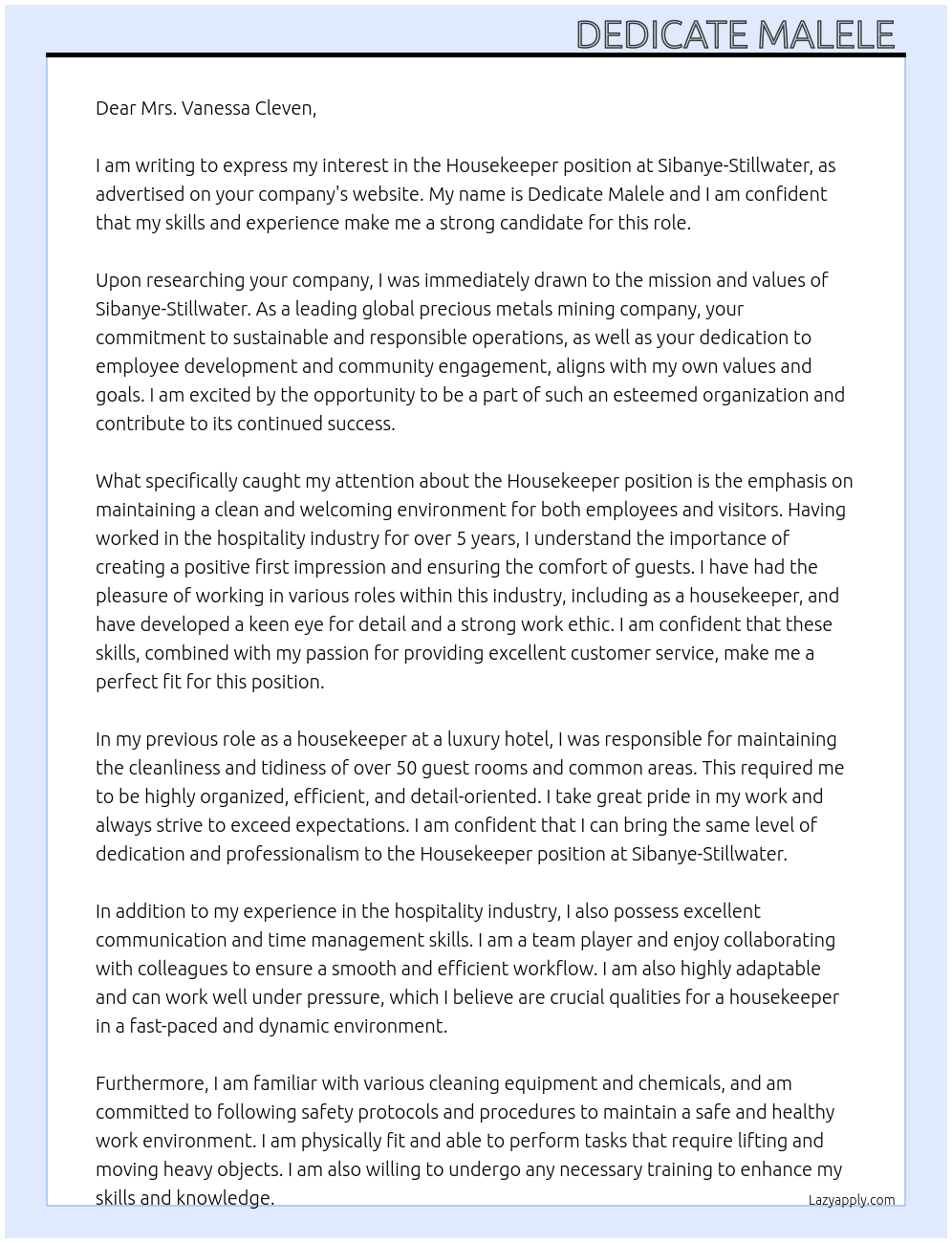 Housekeeper At Sibanye-Stillwater Cover Letter