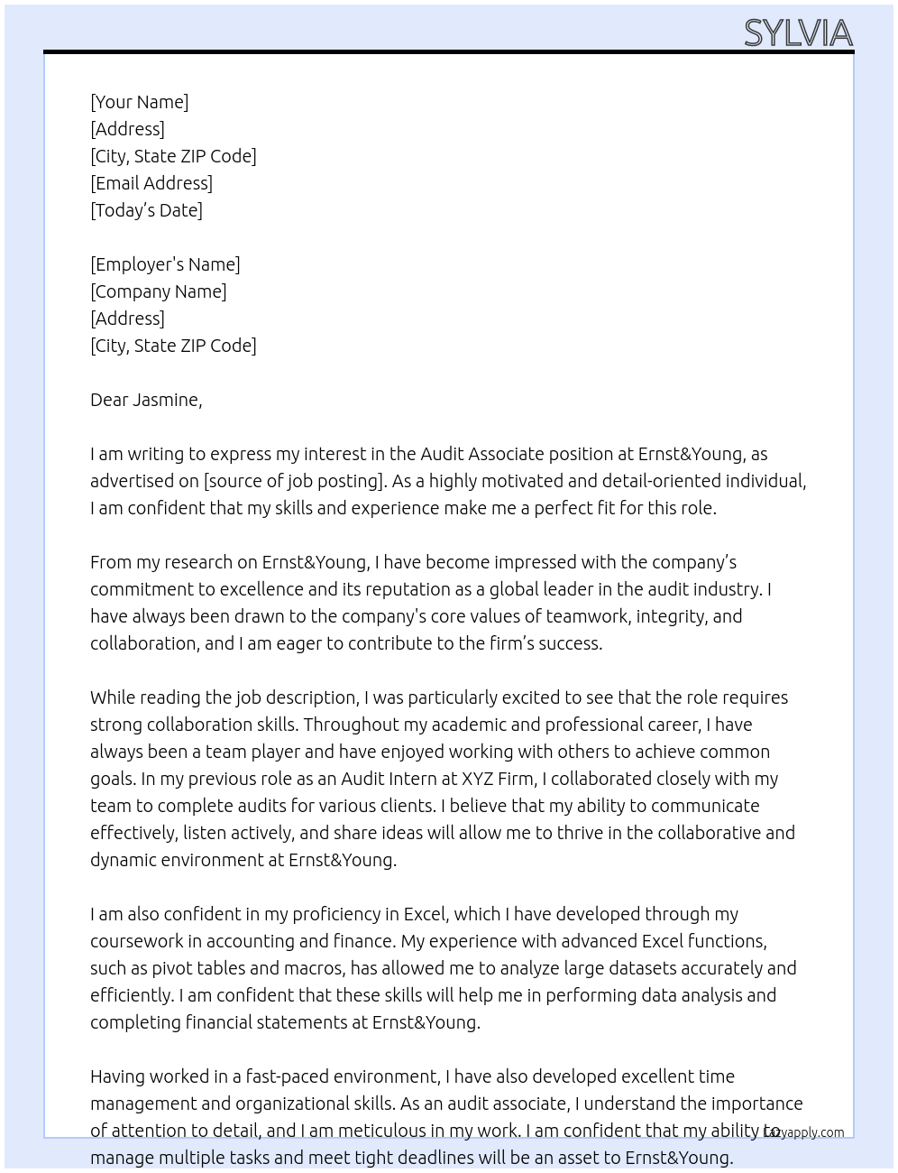 Audit Associate At Ernst&Young Cover Letter