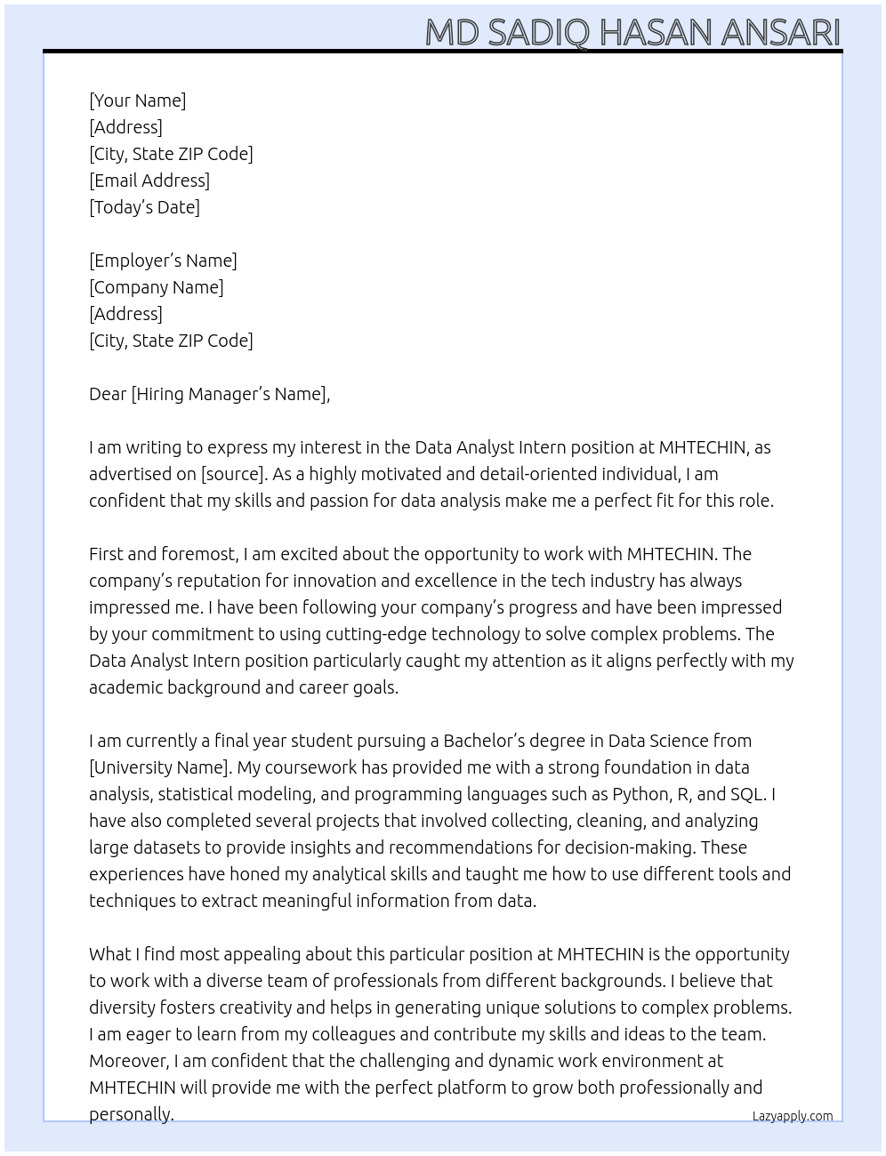 Data Analyst Intern At MHTECHIN Cover Letter