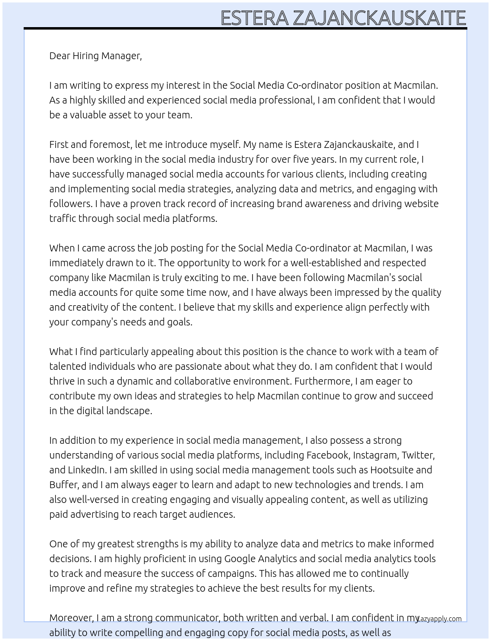 Social Media Co-ordinator At Macmilan Cover Letter