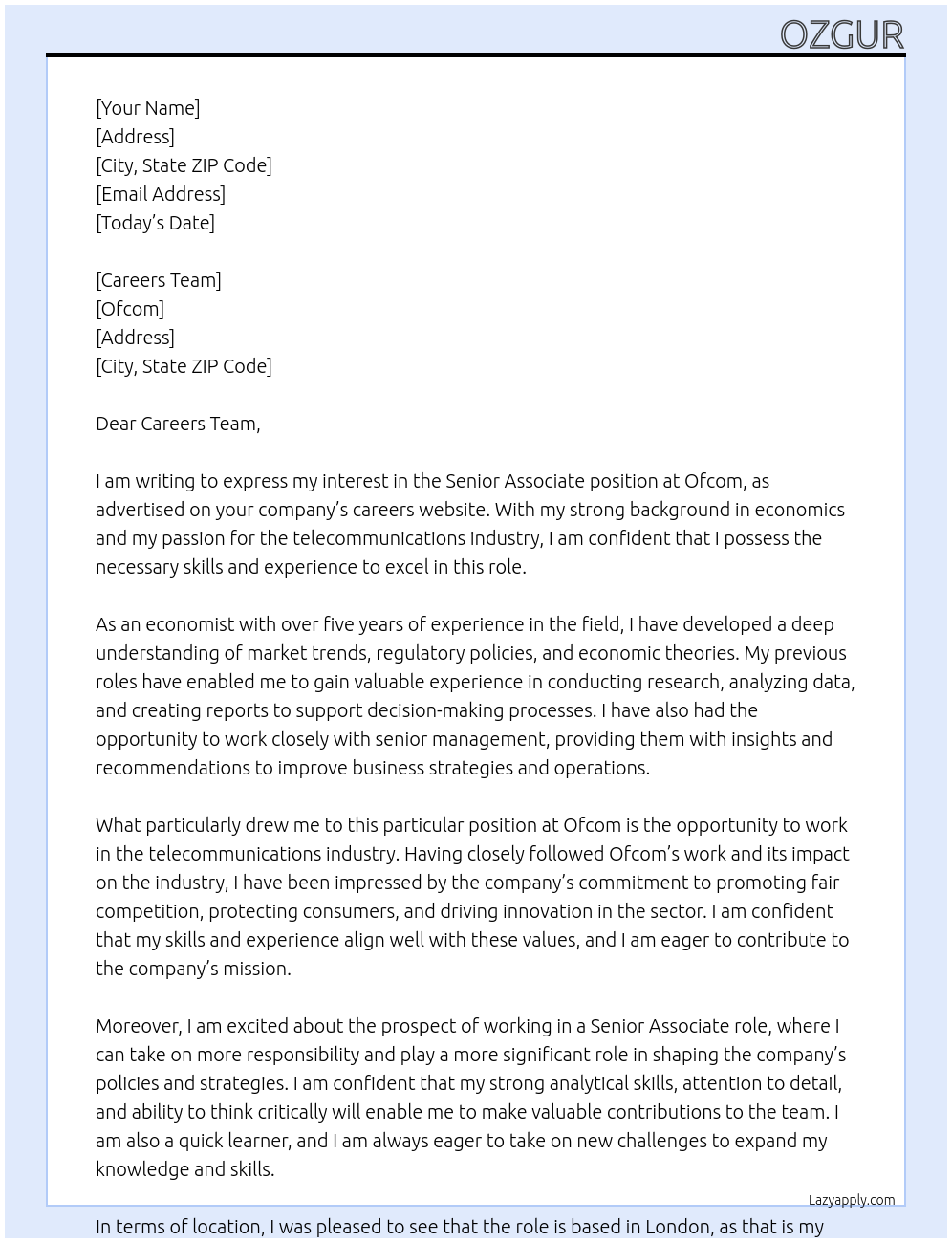 Senior Associate At Ofcom Cover Letter
