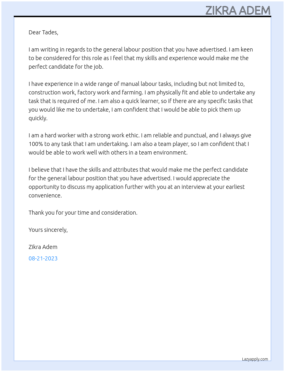 General labour At Farm work Cover Letter