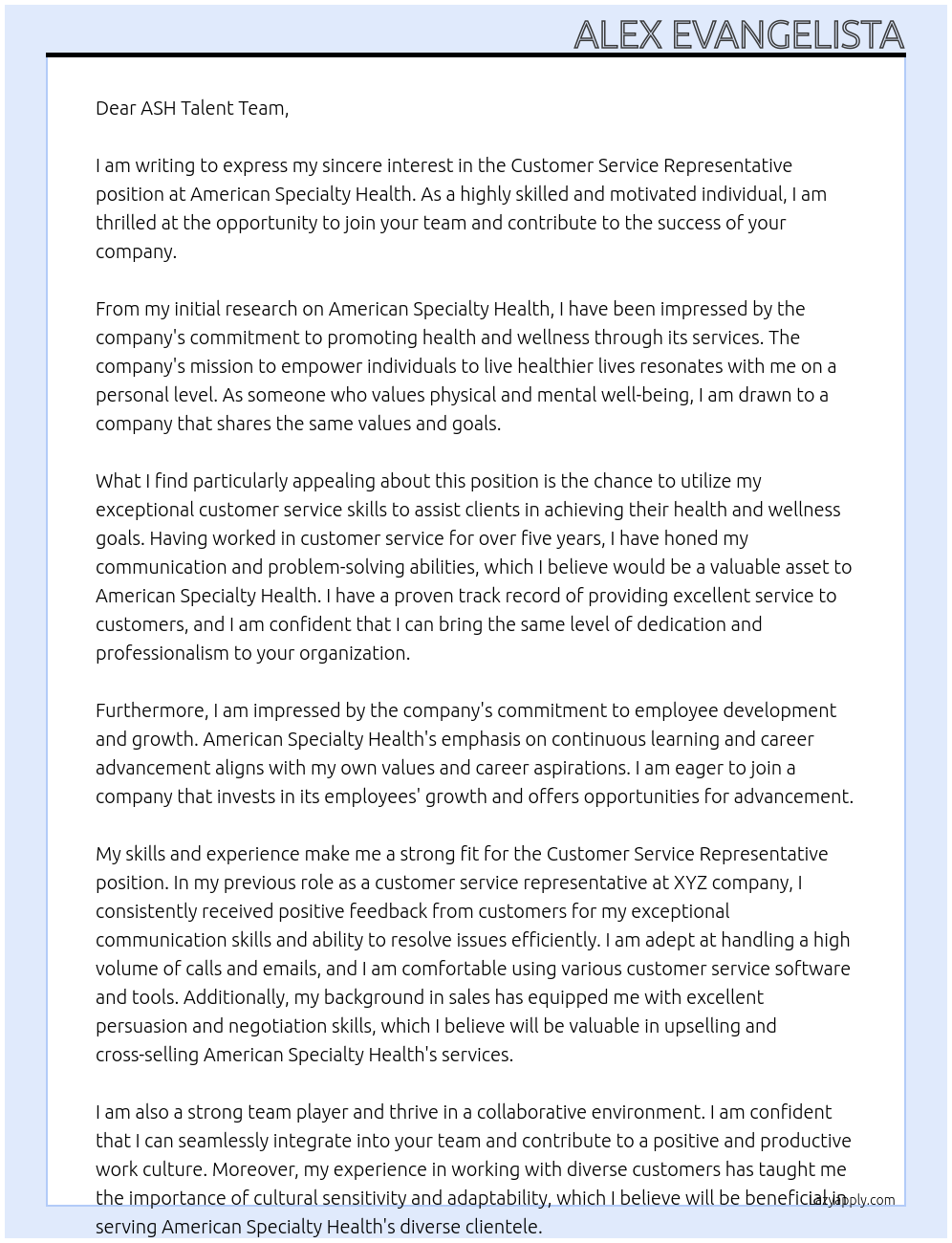 Customer Service Rep At American Specialty Health Cover Letter
