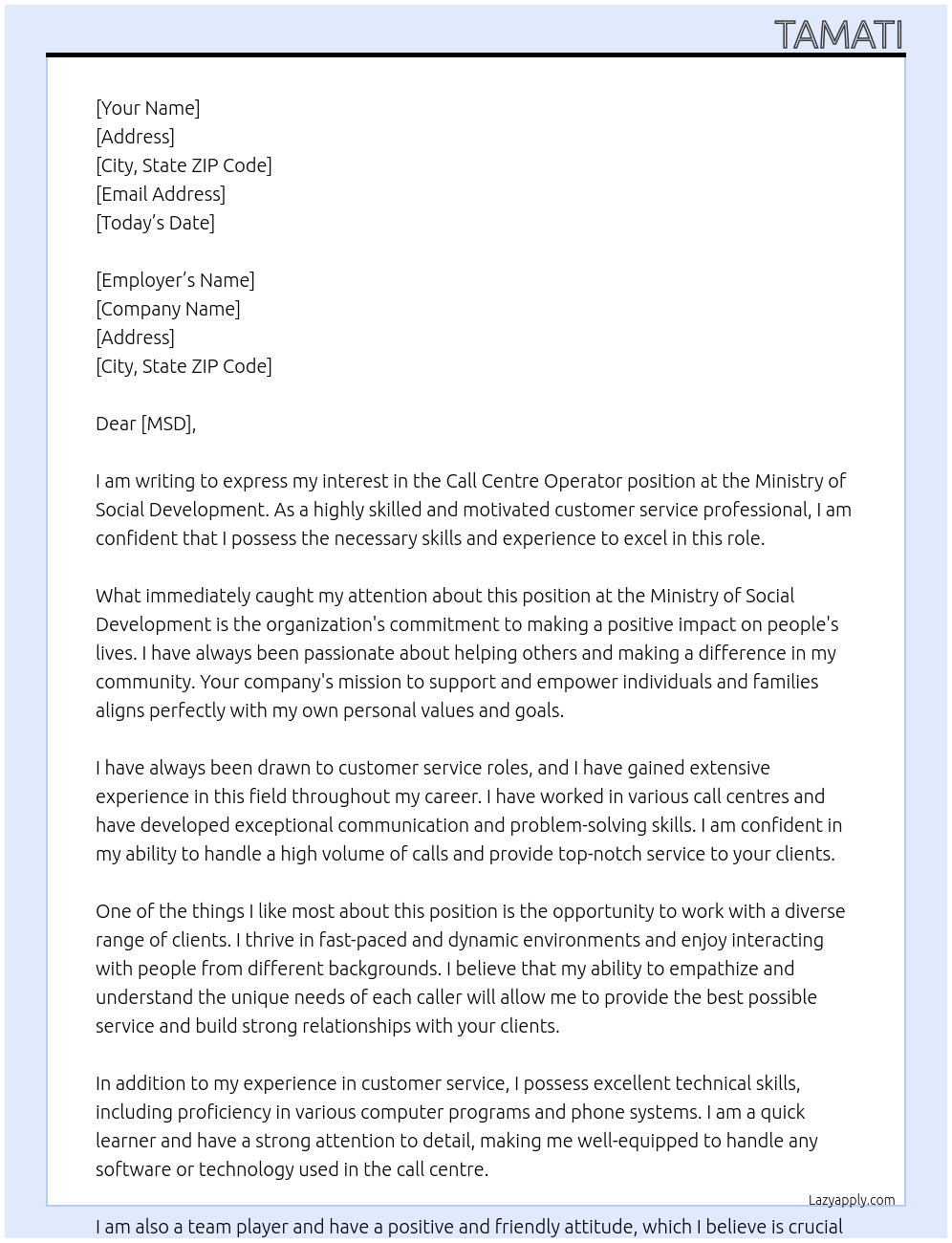 Call centre operator At Ministry of Social Development Cover Letter