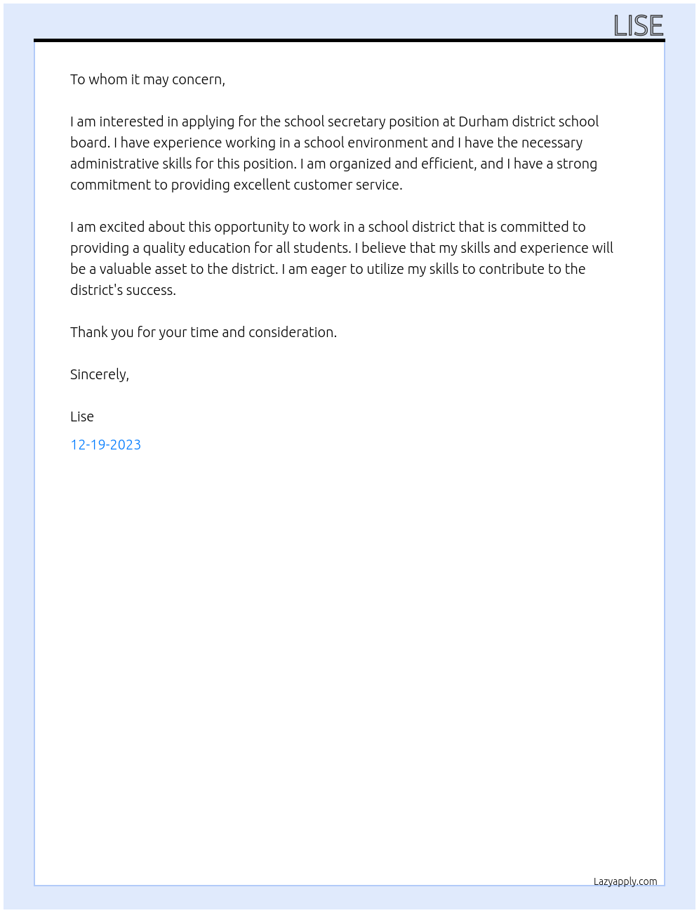 School secretary At Durham district school board Cover Letter