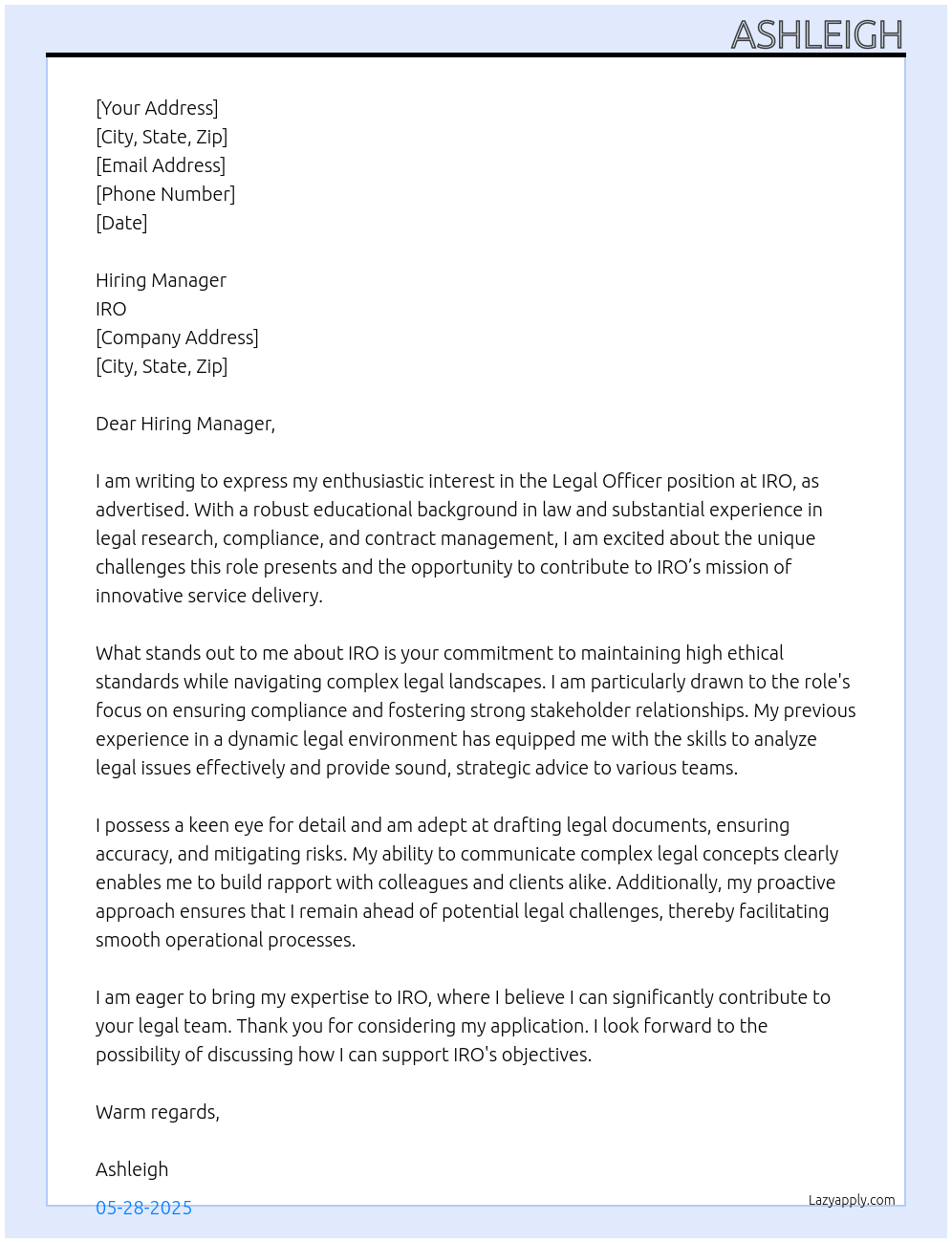 Cover letter for legal officer - LazyApply