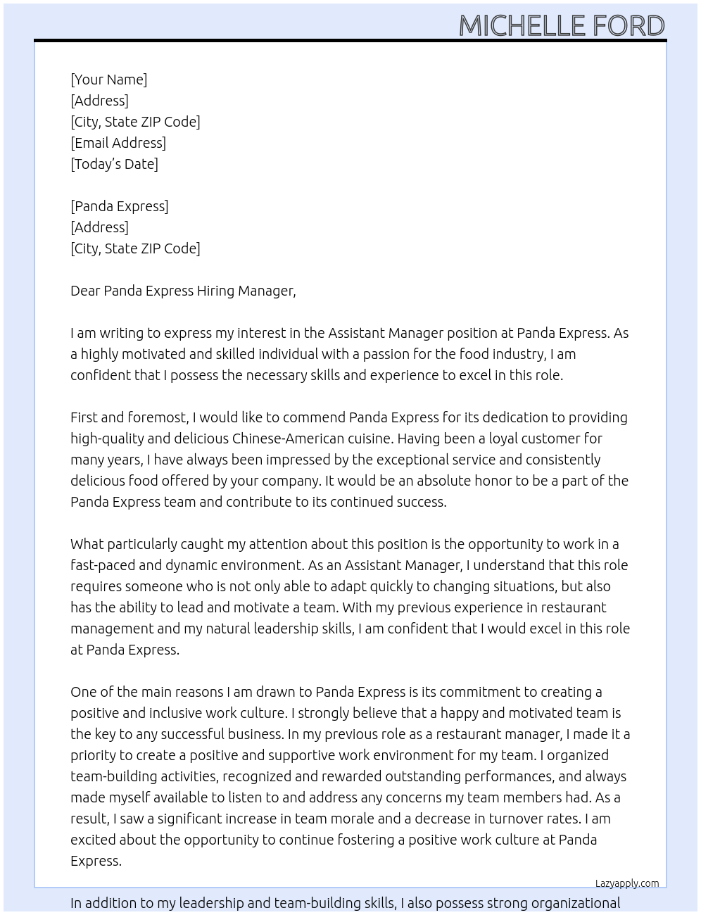 Assistant Manger At Panda Express Cover Letter