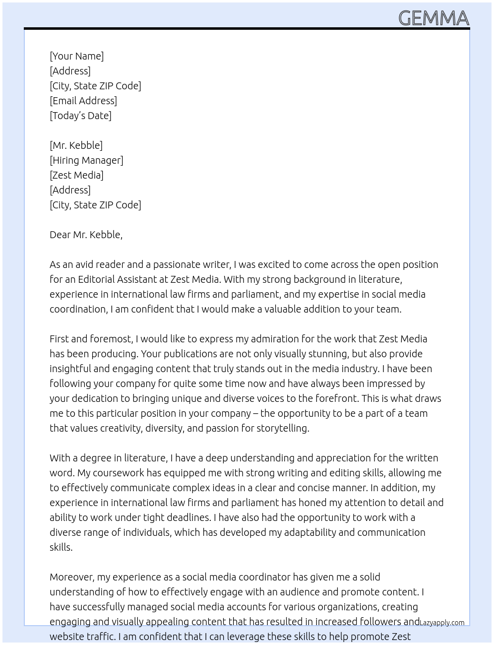 Editorial Assistant At Zest Media Cover Letter