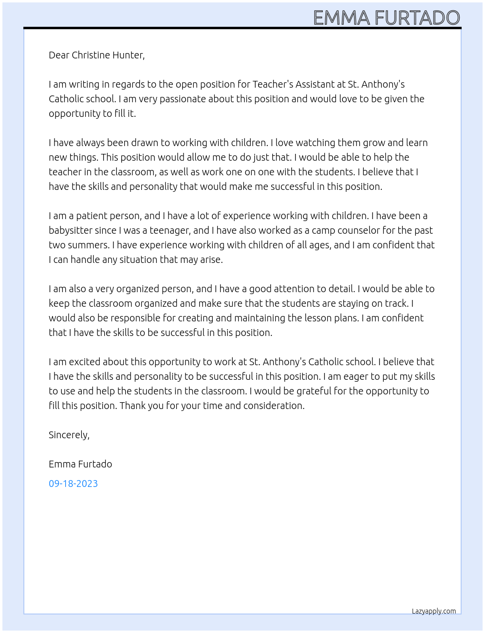 Teachers Assistant At St. Anthonys Catholic school Cover Letter