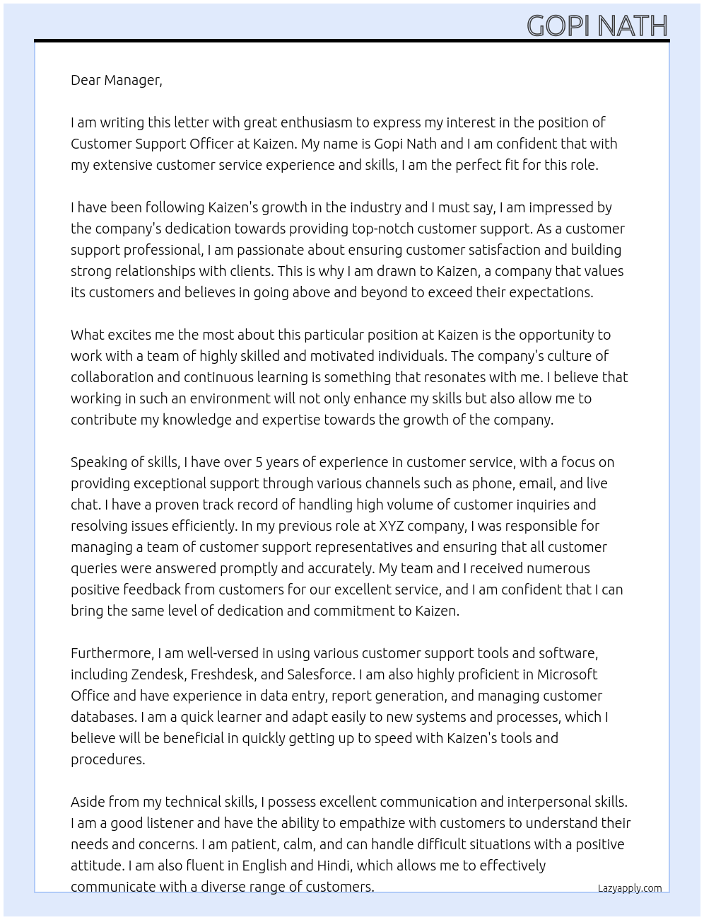 Customer support officer At Kaizen Cover Letter