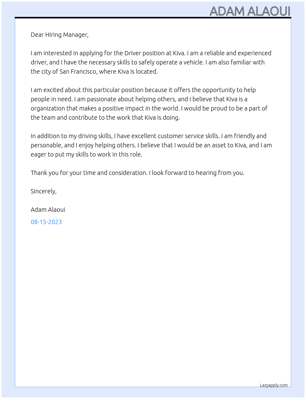 Driver At Kiva Cover Letter