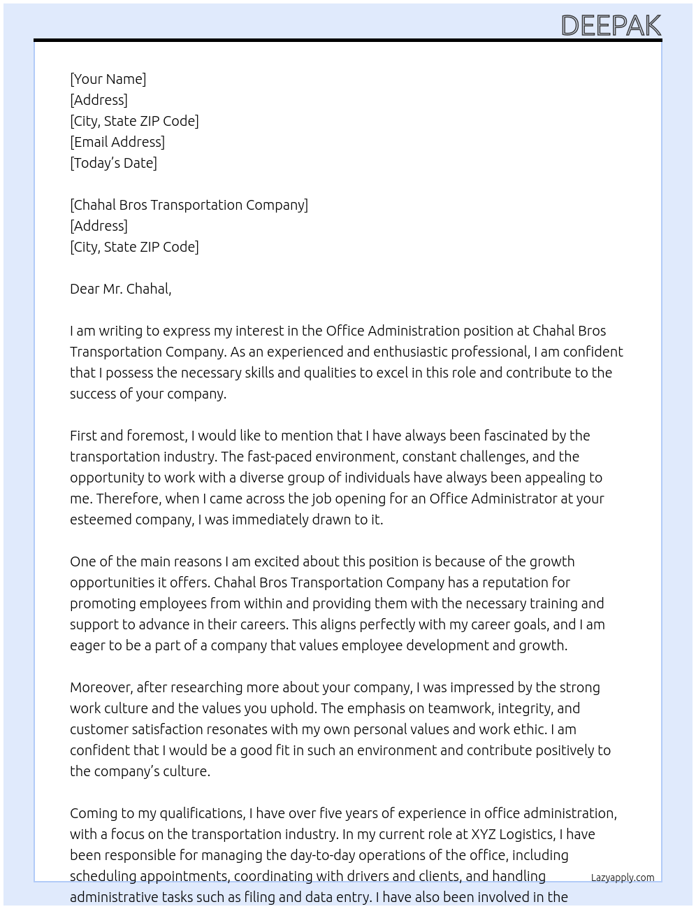 office administration At Chahal Bros transportation company Cover Letter