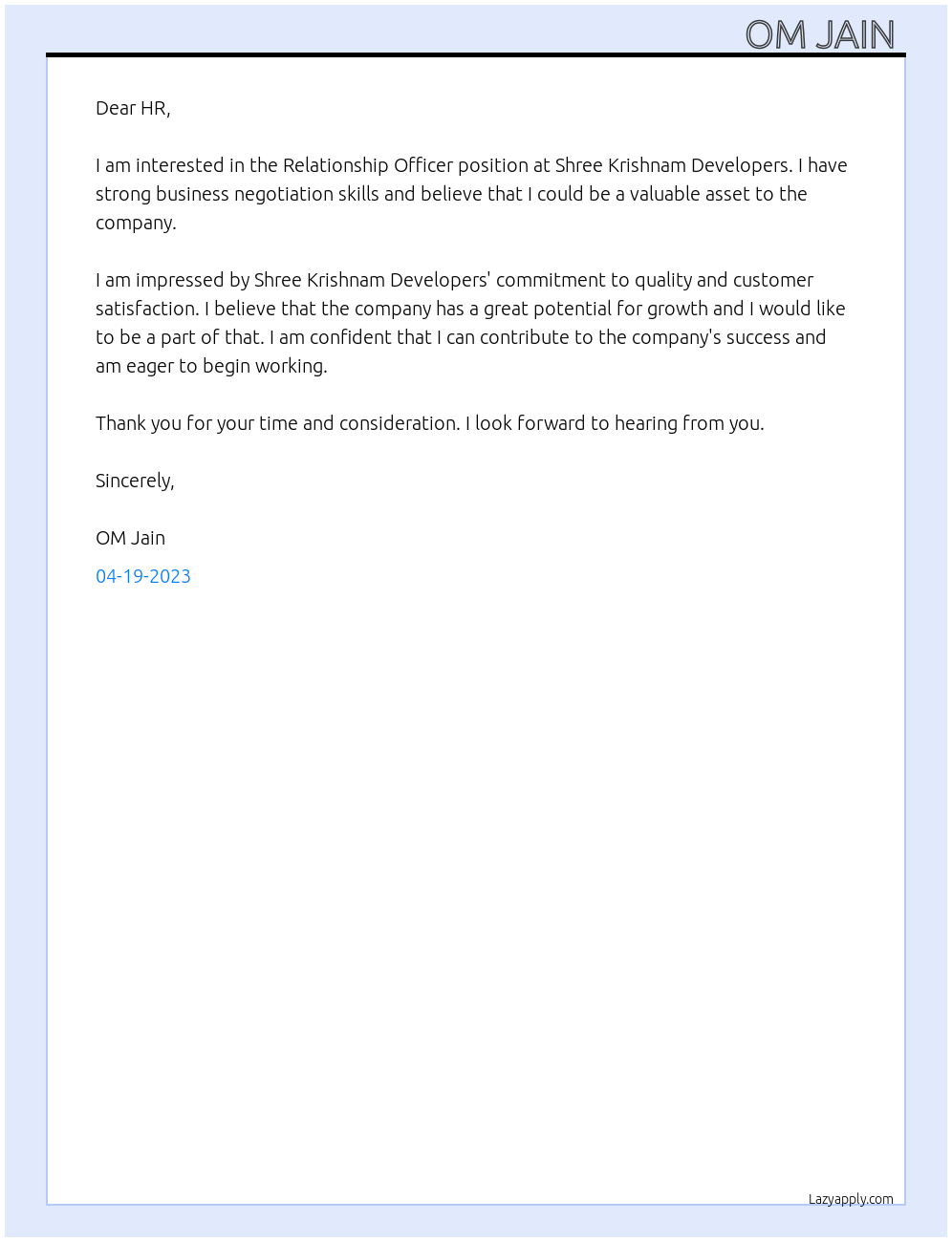 Relationship Officer  At Shree Krishnam Developer Cover Letter