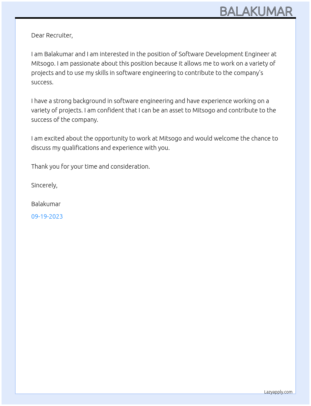 Software Development Engineer At Mitsogo Cover Letter