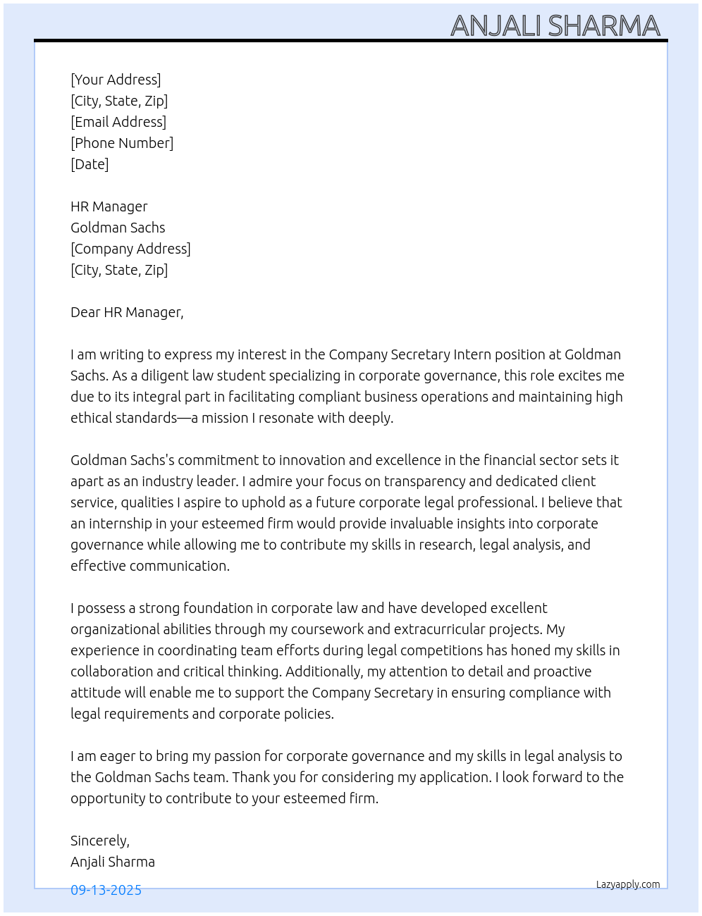 Company Secretary intern At Goldman Sachs Cover Letter