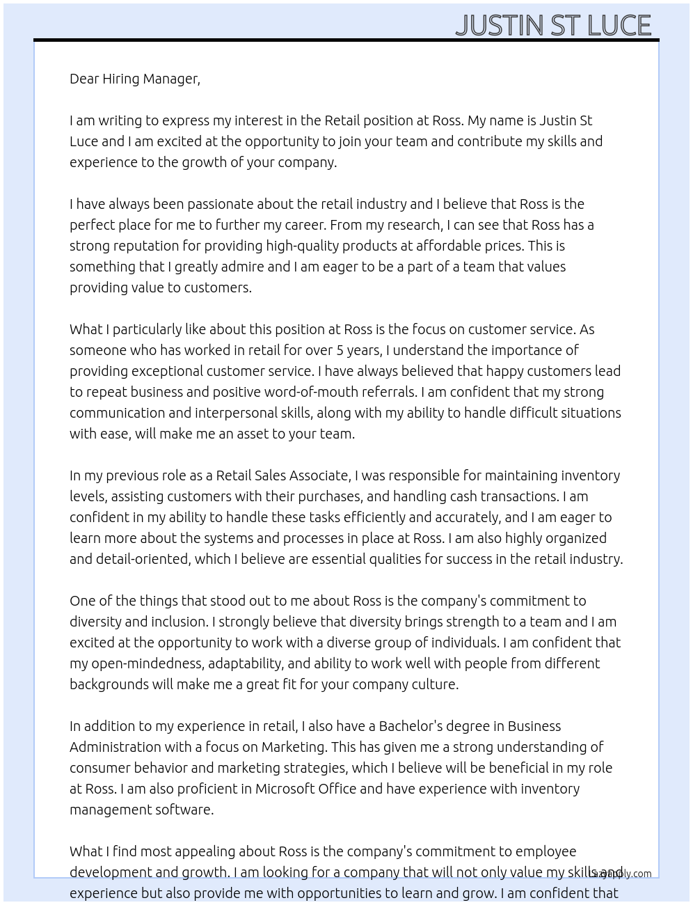 Retail At Ross Cover Letter