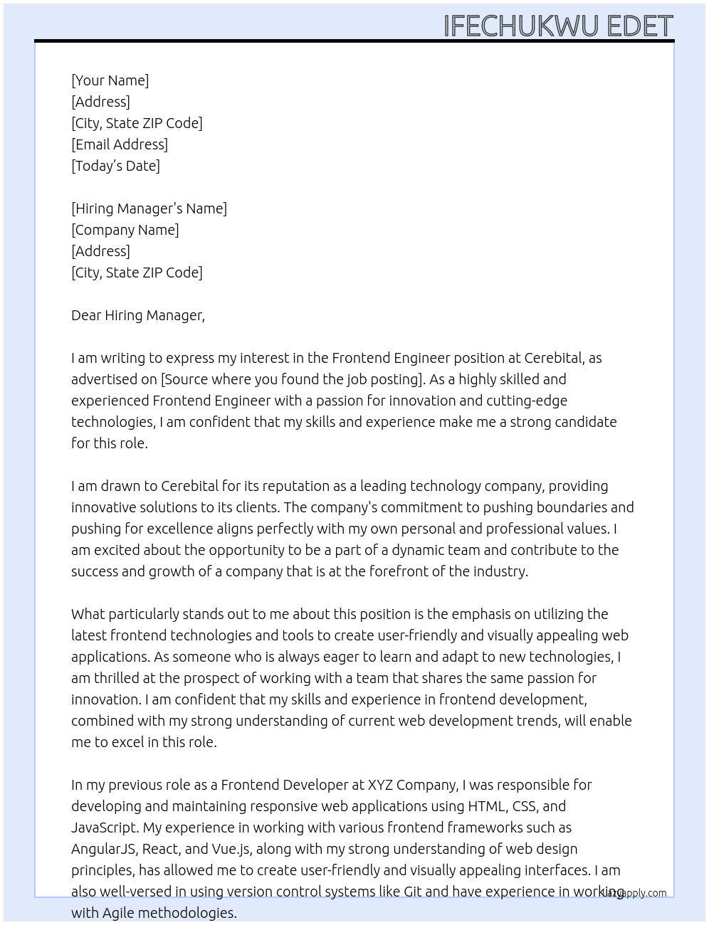 Frontend Engineer  At Cerebital Cover Letter