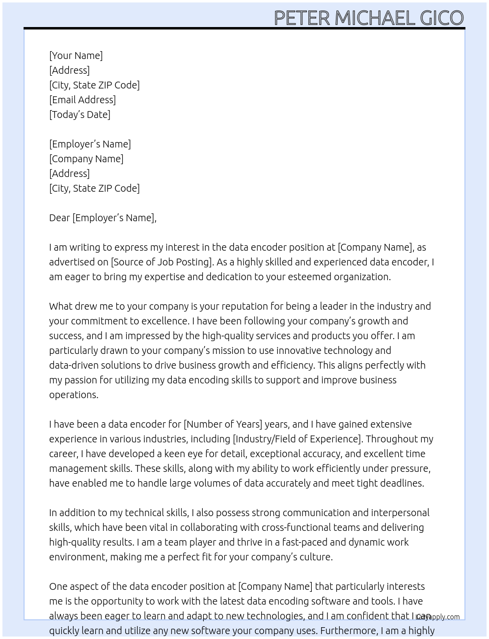 data encoder At Company Cover Letter