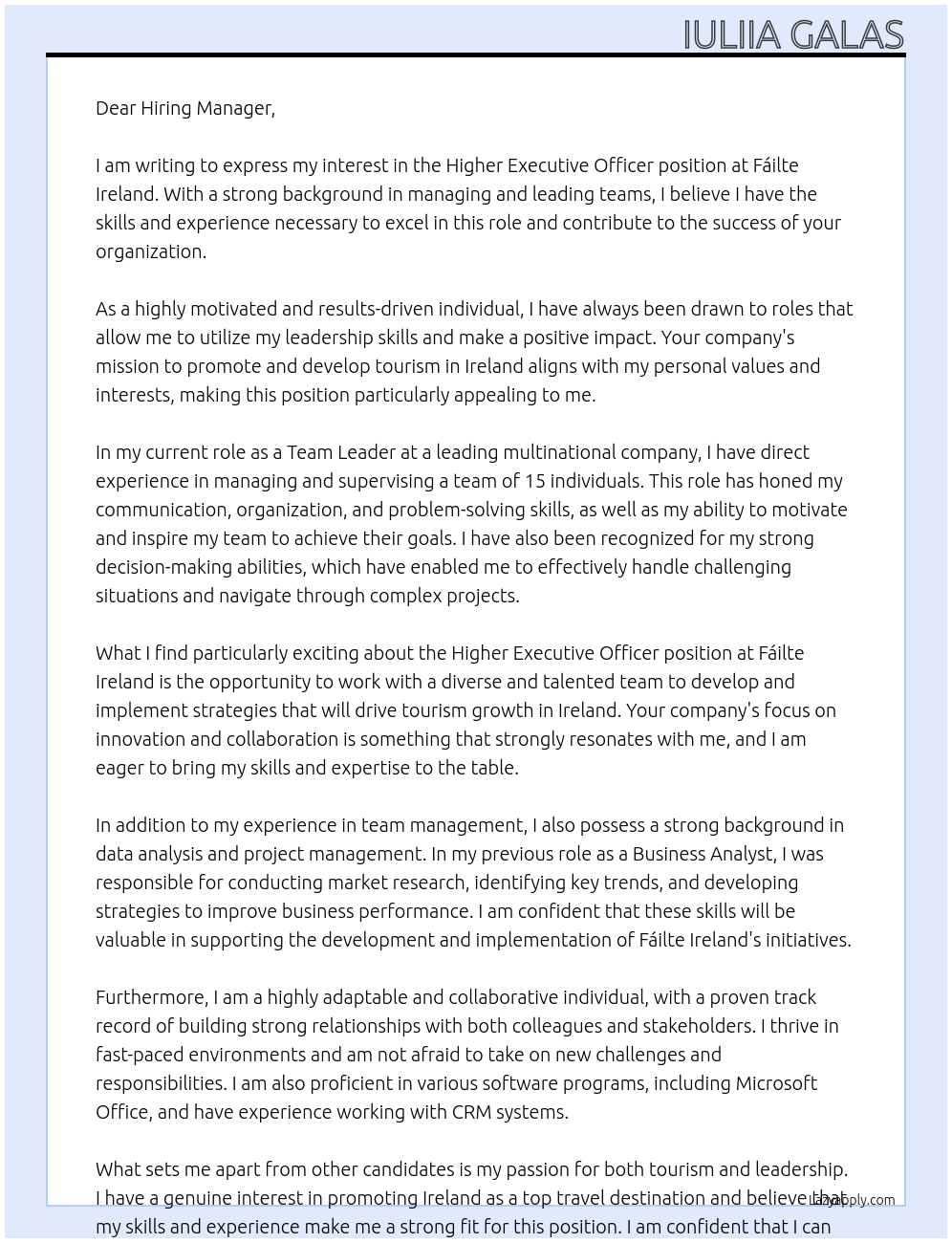 Higher Executive Officer At Fáilte Ireland Cover Letter