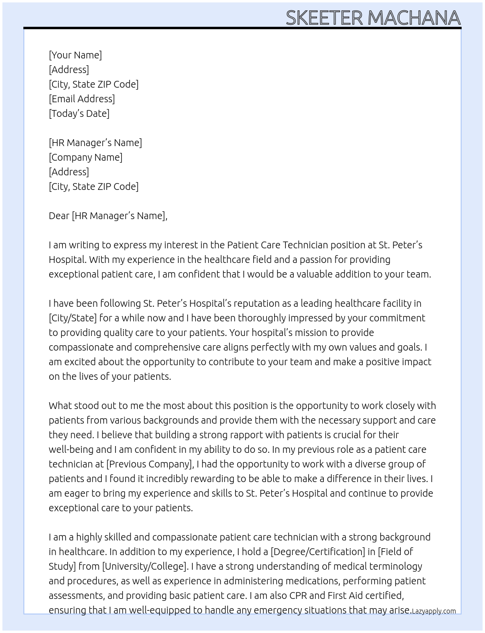 Patient care technician  At St. Peter’s Hospital  Cover Letter