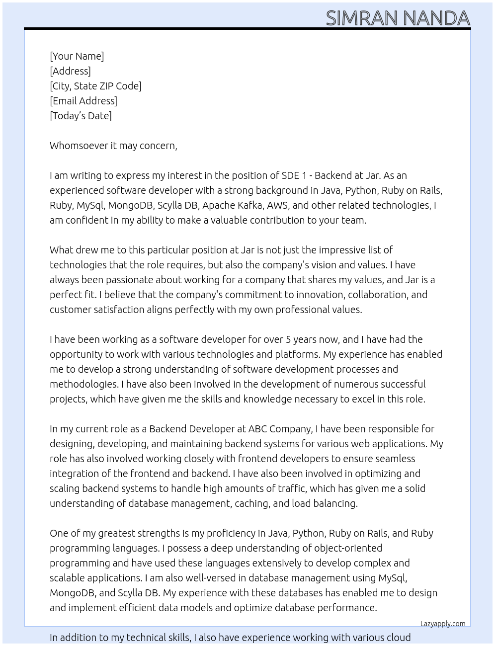 SDE 1 - Backend At Jar Cover Letter