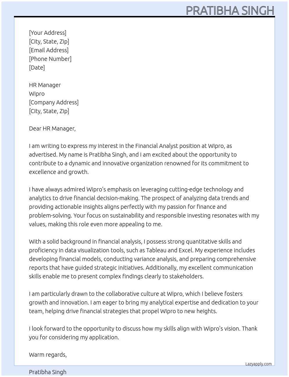 Financial Analyst At Wipro Cover Letter