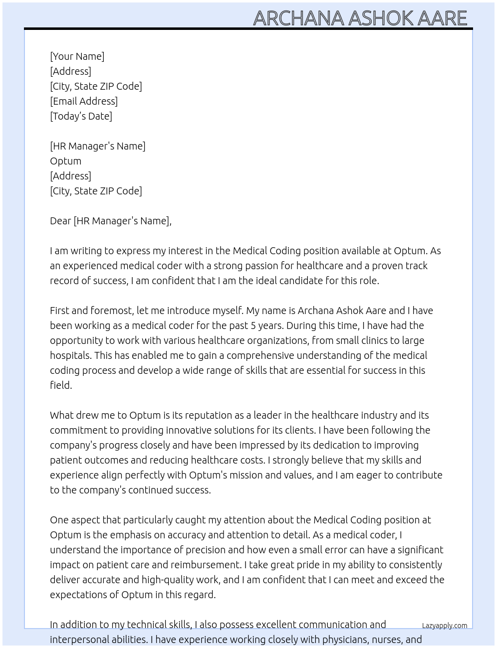 Medical coding At Optum Cover Letter