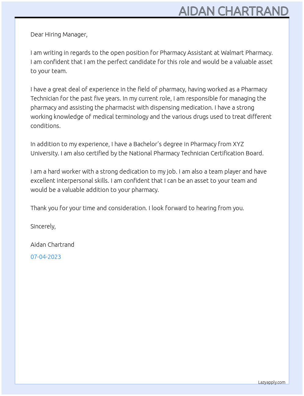 Pharmacy Assistant  At Walmart Pharamacy Cover Letter