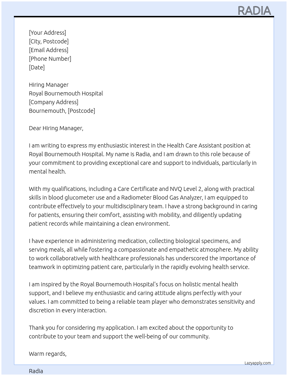 Health Care Assistant  At Royal Bournemouth Hospital  Cover Letter