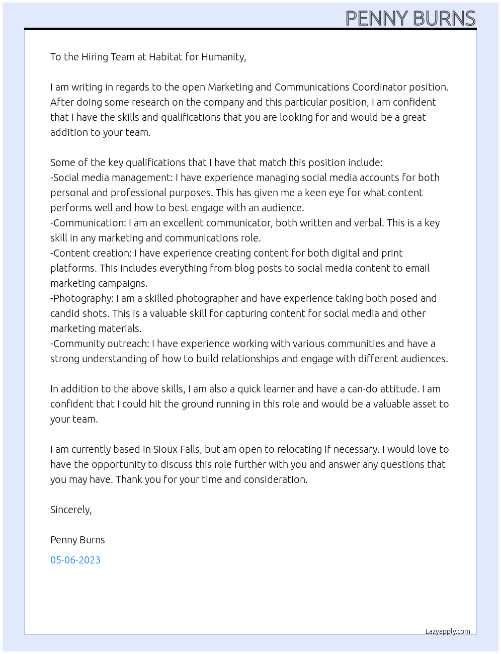 Marketing and Communications Coordinator At Habitat for Humanity Cover Letter