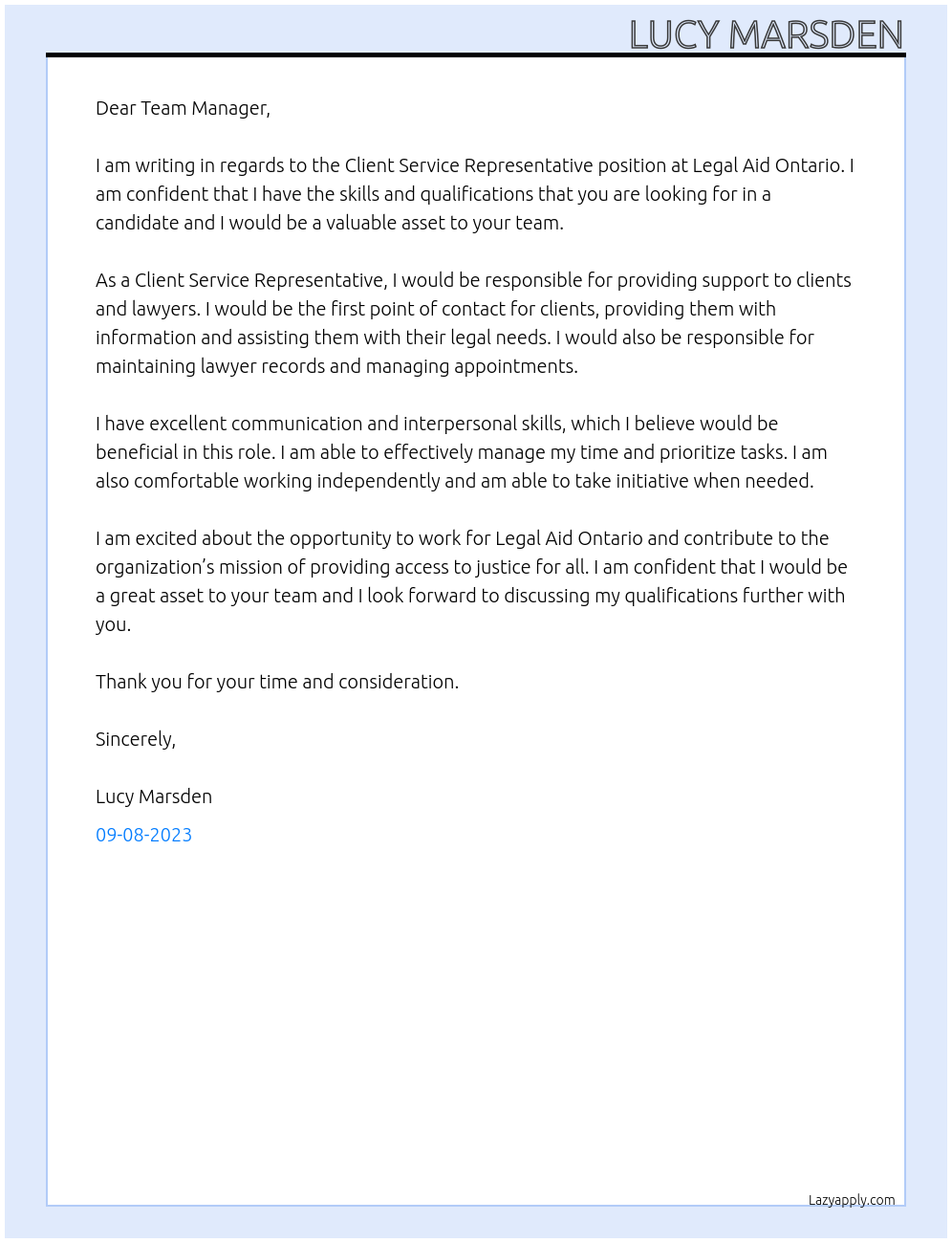 Client Service Representative At Legal Aid Ontario Cover Letter